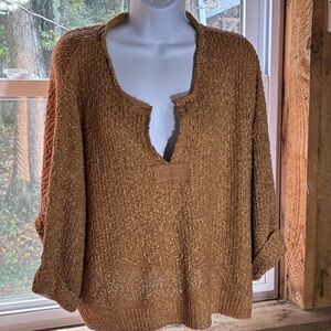 ILLA ILLA Cropped Oversized Knit Sweater, Golden Brown Cuffed 3/4 Sleeve Size L